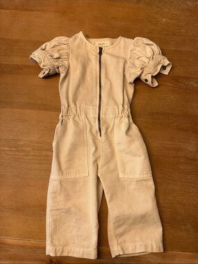 Neutral Beige Kids One-Piece Bodysuit with Puff Sleeves and Front Zip
